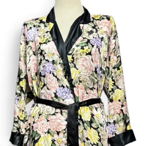 Victoria's Secret Gold Label Vintage Satin Robe Black Pink Purple Floral Small thumbnail 2