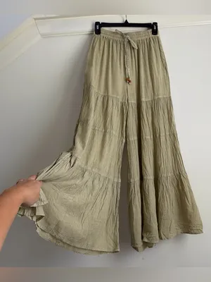 Young Threads Tiered Wide Leg Palazzo Pants S Moss Sage Linen Look Boho NWT thumbnail 3