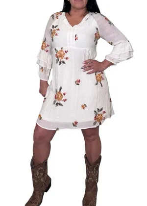 Anthropologie Fly & Flower Cream Embroidered Boho Dress sz M Ruffle Cottagecore thumbnail 1
