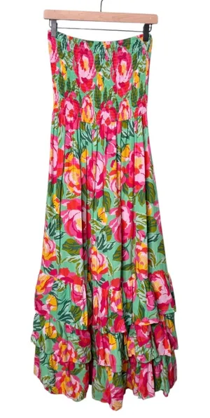 Abel The Label Floral Tiered Strapless Smocked Mimosa Maxi Dress Pink Size Large thumbnail 1