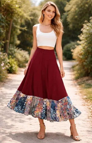 Bohemian Maxi Skirt Tiered Patchwork Ruffle Floral Print‎ Burgundy Boho Festival thumbnail 1