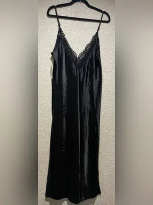 International Concepts Satin Like Lace-Trim Slip Long Nightgown Black Size M NWT thumbnail 3