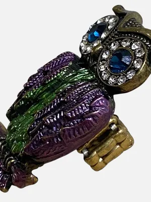 Boho Owl Ring Purple Green Rhinestone Enamel Stretch Adjustable Bronze Tone thumbnail 4