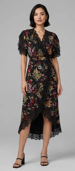 Alice + Olivia Adele Black Floral Silk Blend Lace Trim Midi Wrap Dress Size 2 thumbnail 1