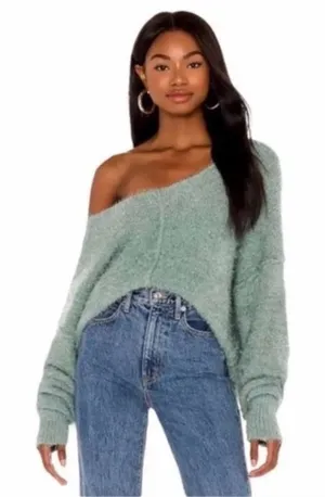 Free People Icing V Pullover Sweater L Green Fuzzy Oversized V Neck Boho thumbnail 1