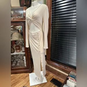 SHEIN Boho Coastal Cream Ribbed Knit Cut-Out Maxi Dress Twist Front Long Sleeve thumbnail 4