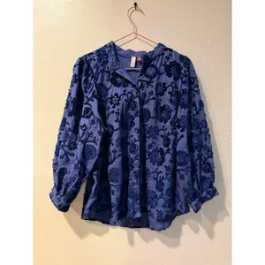 Pilcro Women Blouse M Blue Embroidered Floral Button Down Balloon Sleeve Boho thumbnail 3
