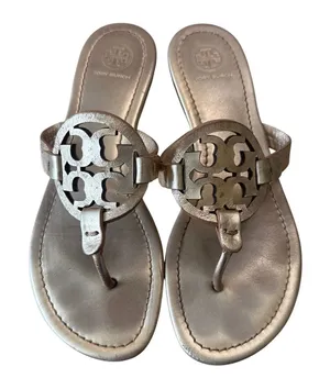 Tory Burch Miller Metallic Gold‎ Champagne Leather Sandals 8.5 Double T thumbnail 1