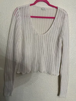 Abercrombie & Fitch Cream Open-Knit V-Neck Cropped scalloped Sweater Size XL NWT thumbnail 3