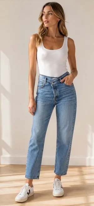 Abercrombie & Fitch The Dad High Rise Crossover Waist Straight Jeans Light Wash thumbnail 1