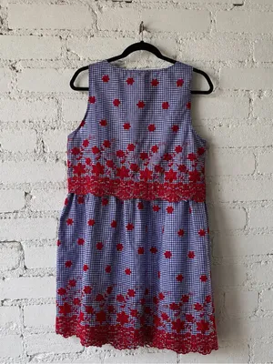 Entro Cotton Gingham Fit & Flare Dress Red Floral Lace Embroidered Sz. L thumbnail 3