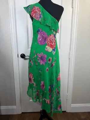 Roz & Ali Green Floral One-Shoulder Ruffle Asymmetrical Hem Dress Size 6 thumbnail 5