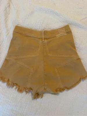 REVICE High-Rise Frayed Hem Jean Shorts in Mustard thumbnail 3