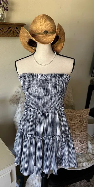 Altar’d state navy white gingham ruffle strapless western rush mini dress M thumbnail 1
