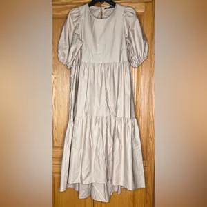 ZARA Asymmetric Puff Sleeve Tiered Cotton Poplin Midi Dress‎ in Camel Size XS thumbnail 12