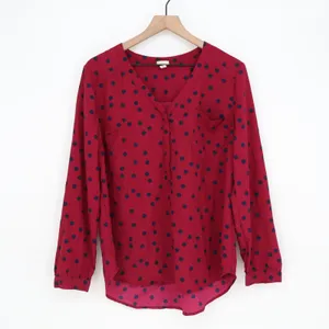 Merona Blouse Womens L Red Polka Dot V-Neck Long Sleeve Pocket Good thumbnail 2