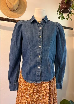 Express Blue Cotton Denim Puffed Long Sleeve Button Front Blouse Size XS thumbnail 1