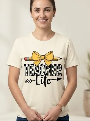 Teacher Life Graphic T-Shirt cream Round Neck Short Sleeve Cotton Tee Size M thumbnail 5