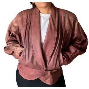 Vintage 80s Winlit Burgundy Leather Wrap Jacket Belted Power Shoulders M thumbnail 1