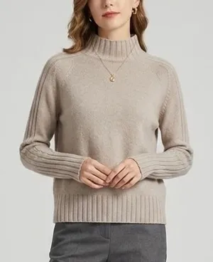 360Cashmere Allison Mock Neck Sweater 100% Cashmere Beige Ribbed Trim Medium thumbnail 1