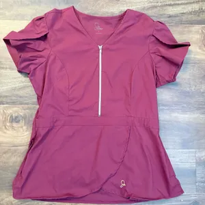 Jaanuu Womens Tulip Sleeve Zipper V-Neck Scrub Top Burgundy Wine Size L thumbnail 1