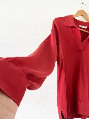 Peter Millar Goldie Red Silk Blend Collared V-Neck Sweater Pullover thumbnail 4