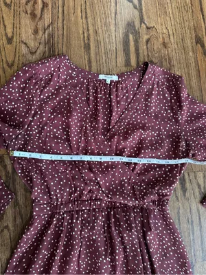 Madewell 6 Medium Mini Dress Long Sleeve Burgundy white polka dots Silk Babydoll thumbnail 3