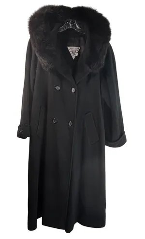 J Percy Marvin Richards Black Wool Hooded Coat Faux Fur Trim Double Breasted 10 thumbnail 1