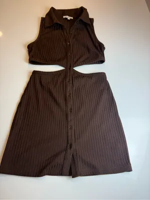 Pretty Garbage Collared Ribbed Cutout Mini Dress in‎ Dark Brown Size L thumbnail 1