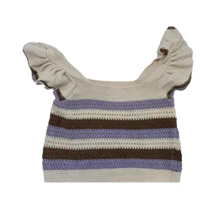 MNG Mango Beige Striped Knit Ruffle Flutter Sleeve Square Neck Cropped Top S thumbnail 13