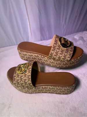 MICHAEL Michael Kors Brown Monogram Platform Slide Sandals with Gold Logo thumbnail 3