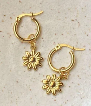 Handmade cute retro cottage fairy style gold tone mini flower dangle hoop earrings🌼 thumbnail 1