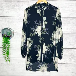 Tahari Black Floral Long High Low Shirttail Hem Button-Up Blouse Top Size Medium thumbnail 12