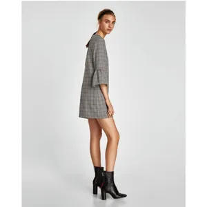 Zara Black & White Glen Check Plaid Long Sleeve Bell Sleeve Dress Medium thumbnail 3