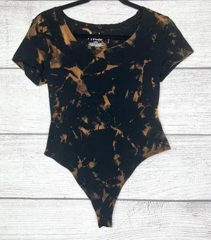 Hand Dyed Black Bleach Tie Dye Scoop Neck Short Sleeve Bodysuit Top Size Large thumbnail 1
