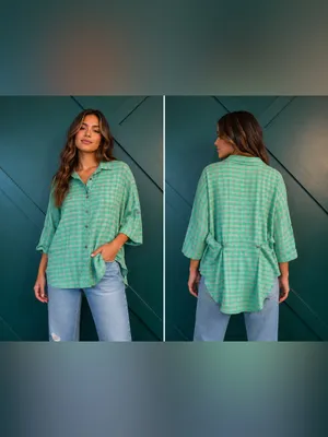 easel Mint Green Gingham Button-Up Tunic Top Relaxed Fit Cottagecore thumbnail 2