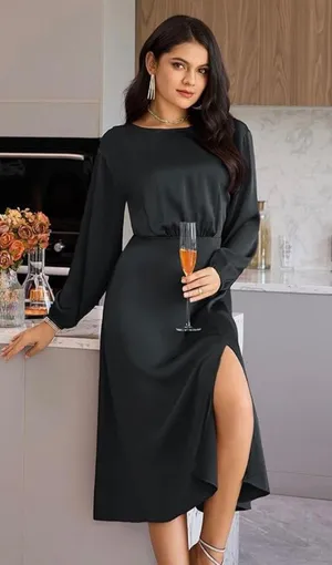 Grace Karin Women's Long Sleeve Satin Wedding Guest Dress with Slit Elegant Boat Neck High thumbnail 4