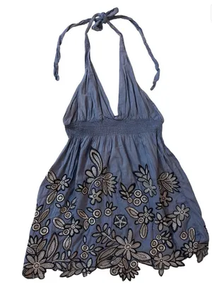 Embroidered Halter Backless Mini Dress in Slate Blue thumbnail 1