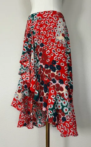 Boho Floral Ruffle Midi Skirt Asymmetrical Daisy Print Hippie Whimsical Skirts thumbnail 1