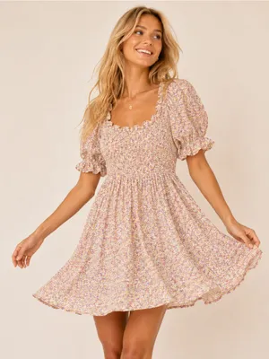 As You Wish Mini Dress Ditsy Floral Cottagecore Smocked Puff‎ Sleeve Festival Boho thumbnail 1