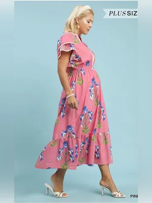New! Umgee Plus Size Cotton Pink Floral Midi Dress Size 1X thumbnail 4