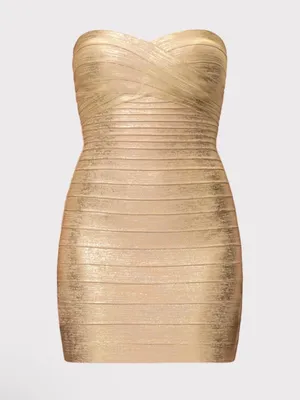 Herve Leger Isla Metallic Strapless Gold Bandage Mini Dress Size Medium thumbnail 2