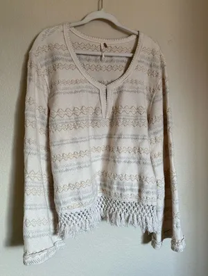 Free People Fringed Chunky Knit Embroidered Sweater Sz Large Flare Sleeves‎ thumbnail 1
