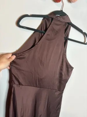 Rinascimento chocolate brown silky draped cowl neck cocktail dress thumbnail 6