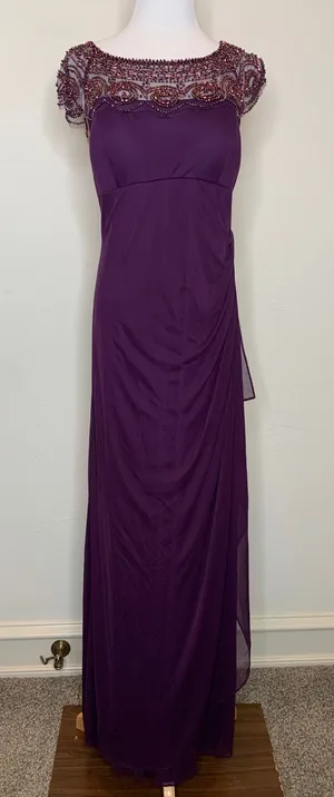 Xscape Purple Eggplant Beaded Bodice Formal Long Dress Gown Sz 14 Ruched Back thumbnail 1