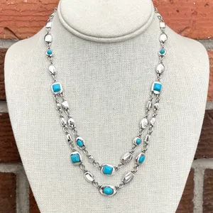 Layered Turquoise and Silver Geometric Necklace Blue thumbnail 1