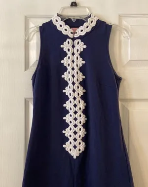 Lilly Pulitzer Dress size XS length 32” bust 30” color navy blue / white embroid thumbnail 2