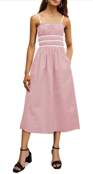 NEW Pink Cotton Spaghetti Strap Dress Tie Smocked Vacation Beach Midi Dress M thumbnail 1
