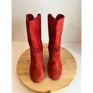 Red Soft Suede Slouchy Heeled Boots Mid Calf Bow Tie Pull On Size 9.5 Rampage thumbnail 5