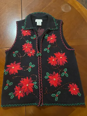 Vtg Women Ugly Christmas Sweater Vest Zip Up Poinsettia Embroidered Beaded 4/6 thumbnail 2